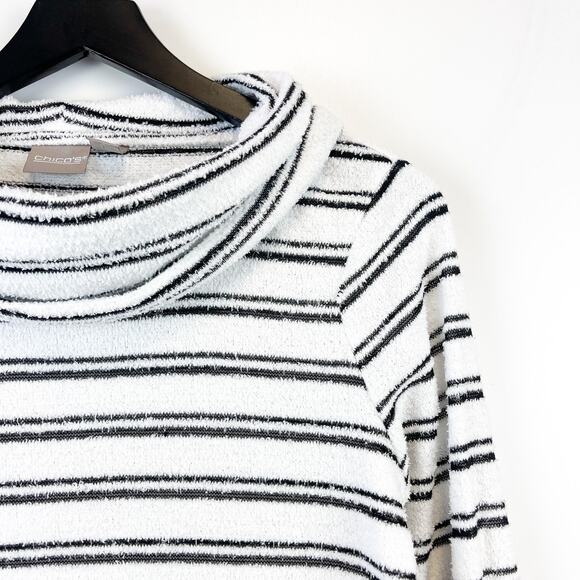 Chico’s Size 0 Small Textured Stripe Lightweight Cowl Neck Sweater White Black - Picture 2 of 9